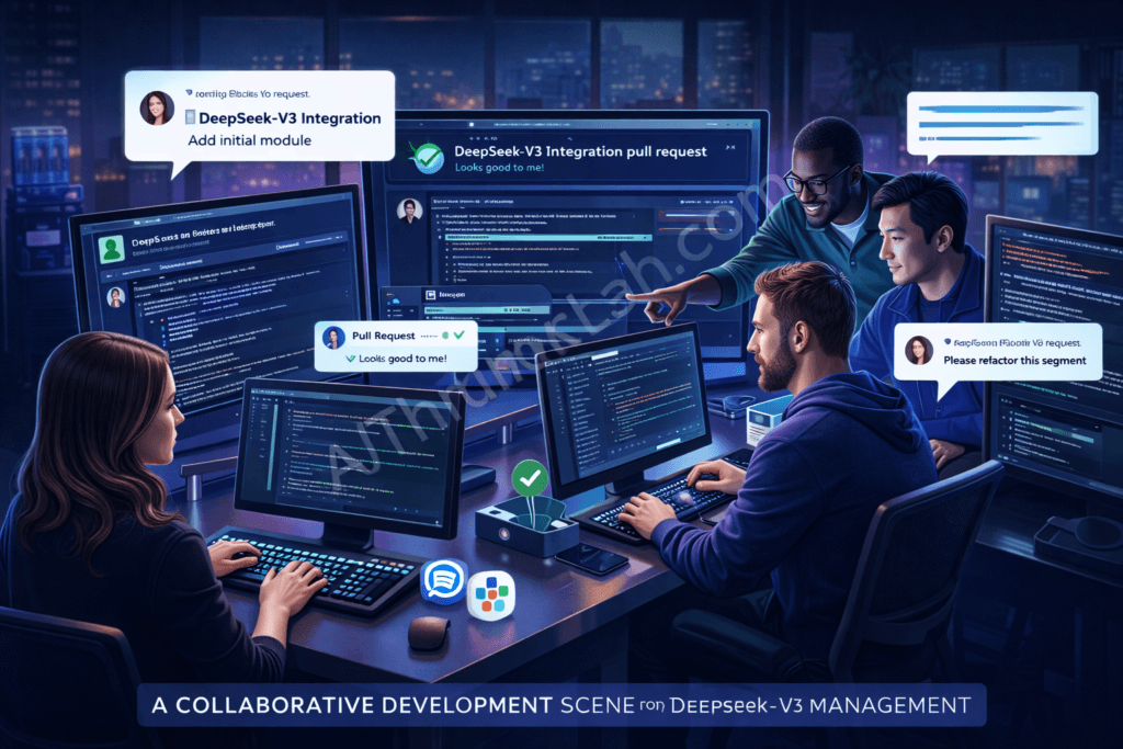 Collaborative development team implementing DeepSeek-V3 using GitHub collaboration tools