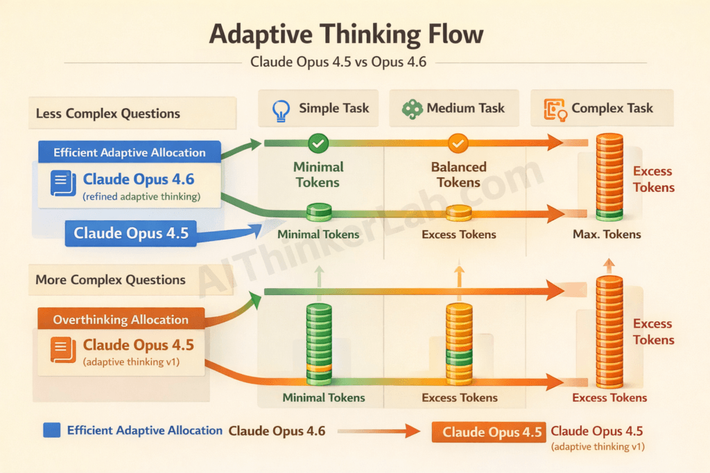 Diagram comparing adaptive thinking allocation in Claude Opus 4.5 versus Opus 4.6 across simple, medium, and complex tasks