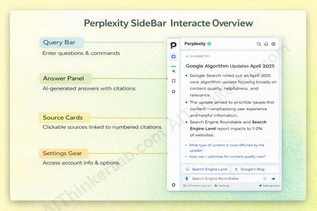 Annotated diagram of the Perplexity Sidebar interface showing query bar, answer panel, source cards, and settings