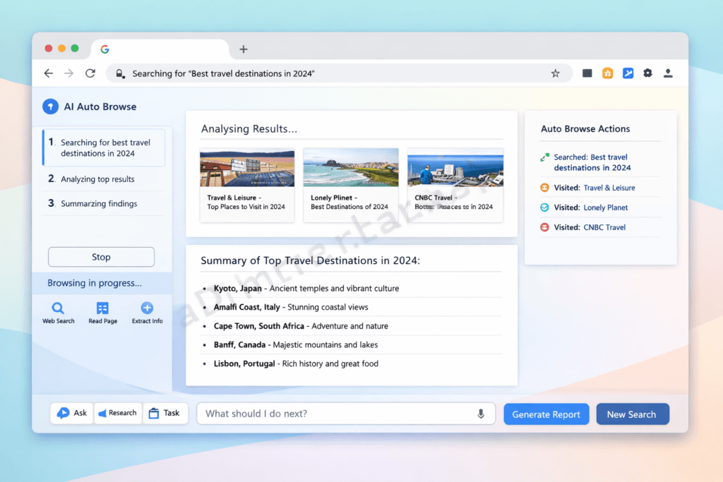 Chrome AI auto browse agentic AI interface in Google Chrome browser