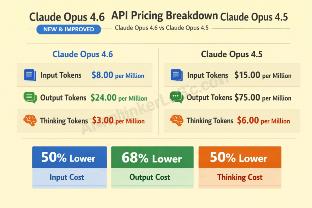 Claude Opus 4.6 and Opus 4.5 API pricing comparison infographic with input, output, and thinking token rates