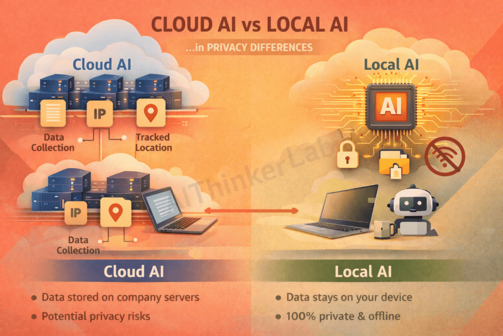 Cloud AI versus local AI comparison infographic showing privacy differences