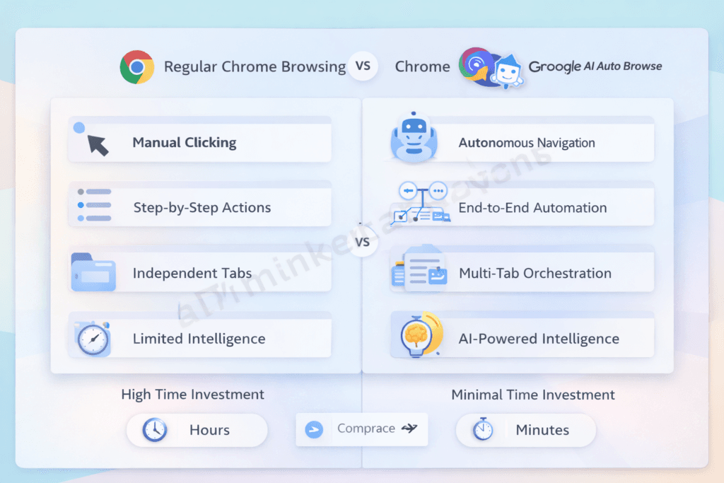 Comparison infographic showing regular Chrome browsing versus Chrome AI auto browse automated experience