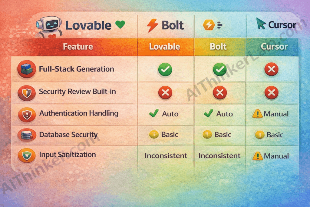 Lovable AI vs Bolt.new vs Cursor security comparison