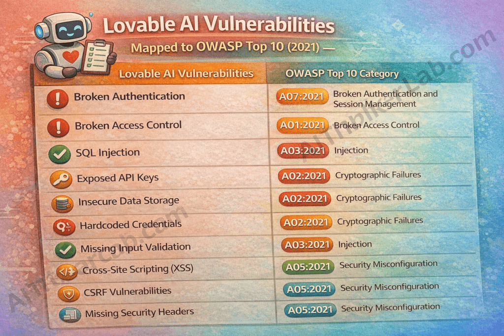 Lovable AI vulnerabilities mapped to OWASP Top 10 2021 categories