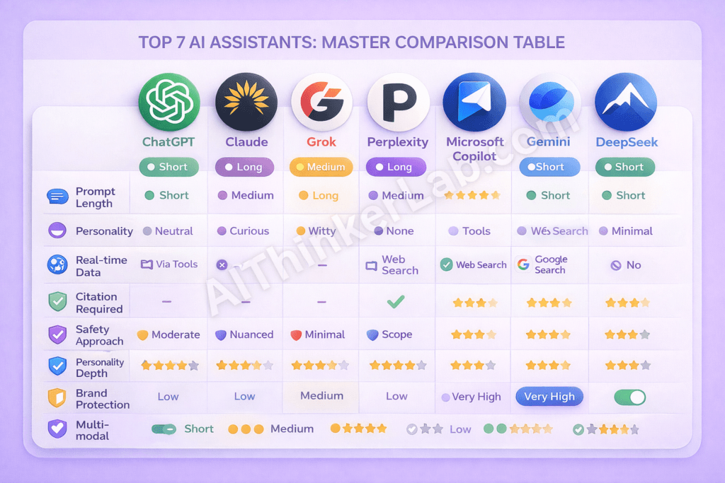 AI system prompts comparison infographic comparing ChatGPT Claude Grok Perplexity Microsoft Copilot Google Gemini and DeepSeek across personality safety anti-hallucination and unique features