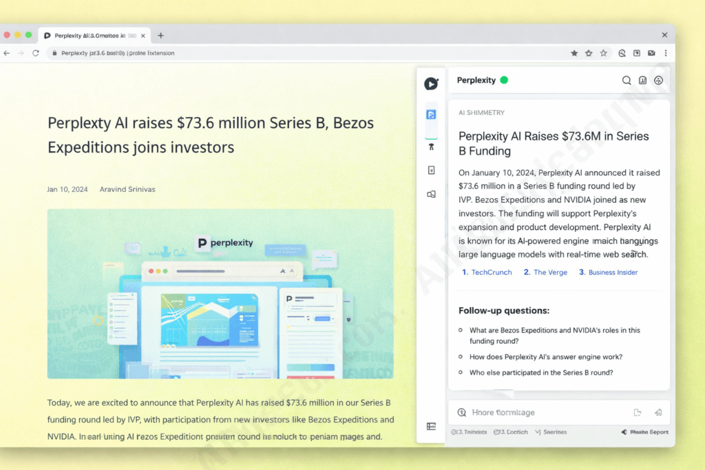 Perplexity Sidebar Chrome Extension open alongside a webpage showing AI-generated summary with source citations