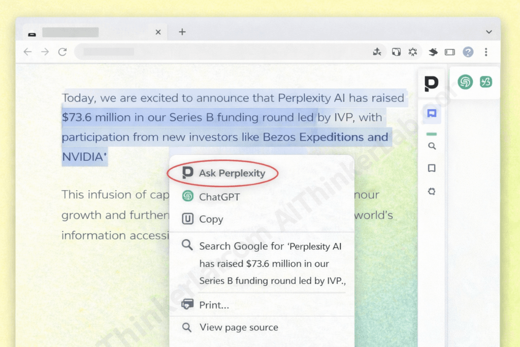 Right-click context menu showing Ask Perplexity option for selected text on a webpage