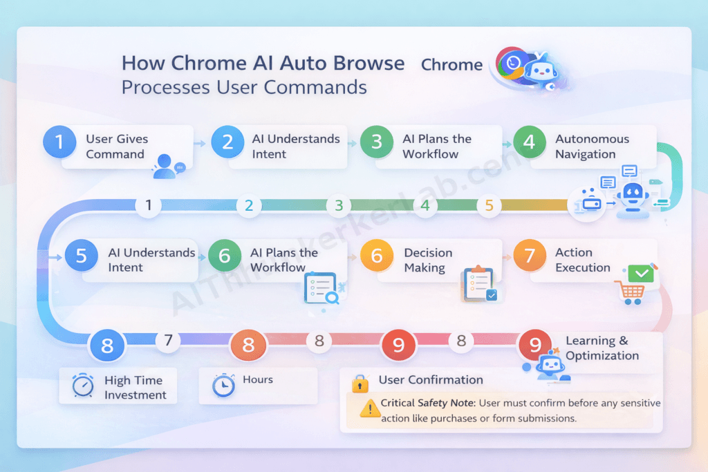 Step-by-step flowchart of how Chrome AI auto browse processes user commands through 9 stages