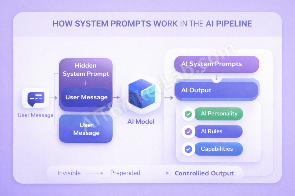 How AI system prompts work diagram showing hidden instructions processing flow from system prompt plus user input through AI model to controlled output