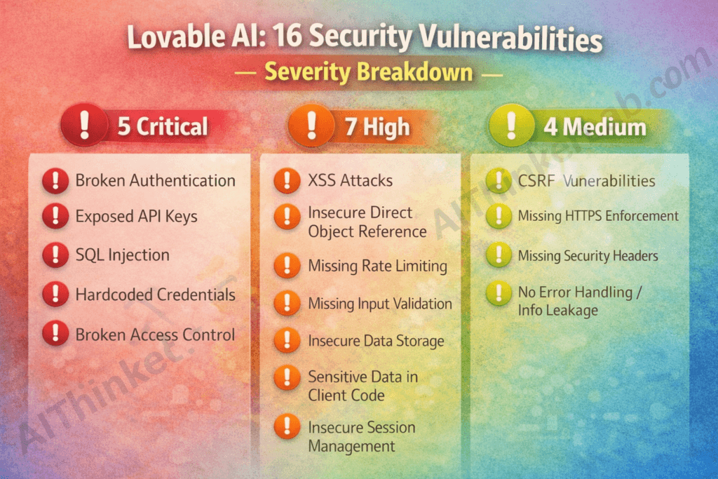 Lovable AI 16 security vulnerabilities severity breakdown chart