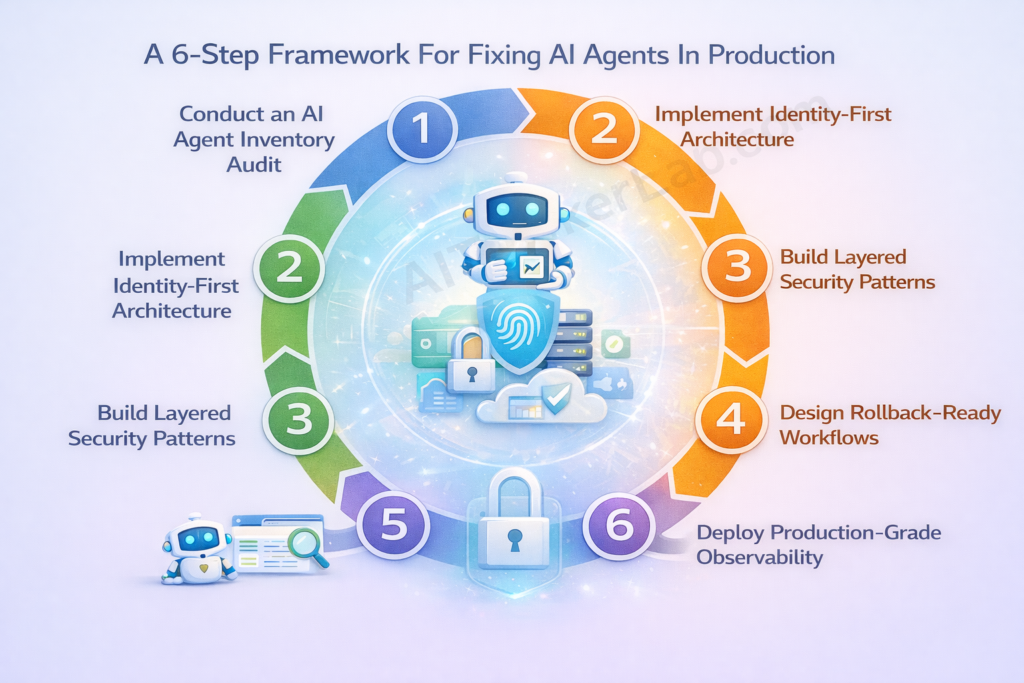 Six-step framework for fixing AI agents in production: inventory audit, identity-first architecture, layered security, rollback-ready workflows, observability, and continuous governance