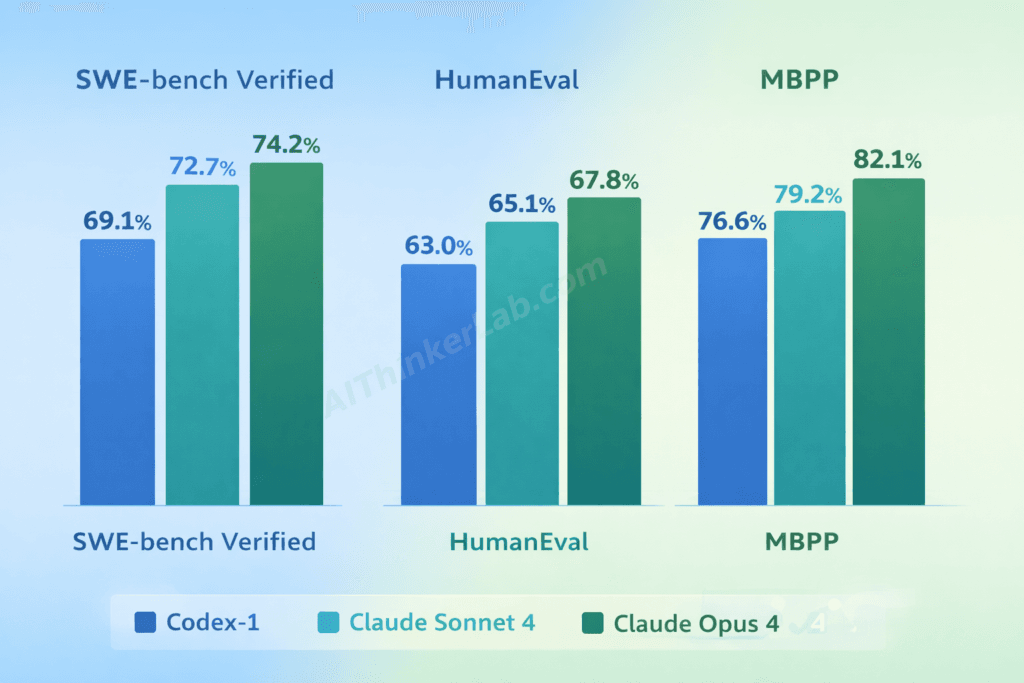 Bar chart comparing OpenAI Codex and Claude Code benchmark scores on SWE-bench Verified, HumanEval, and MBPP