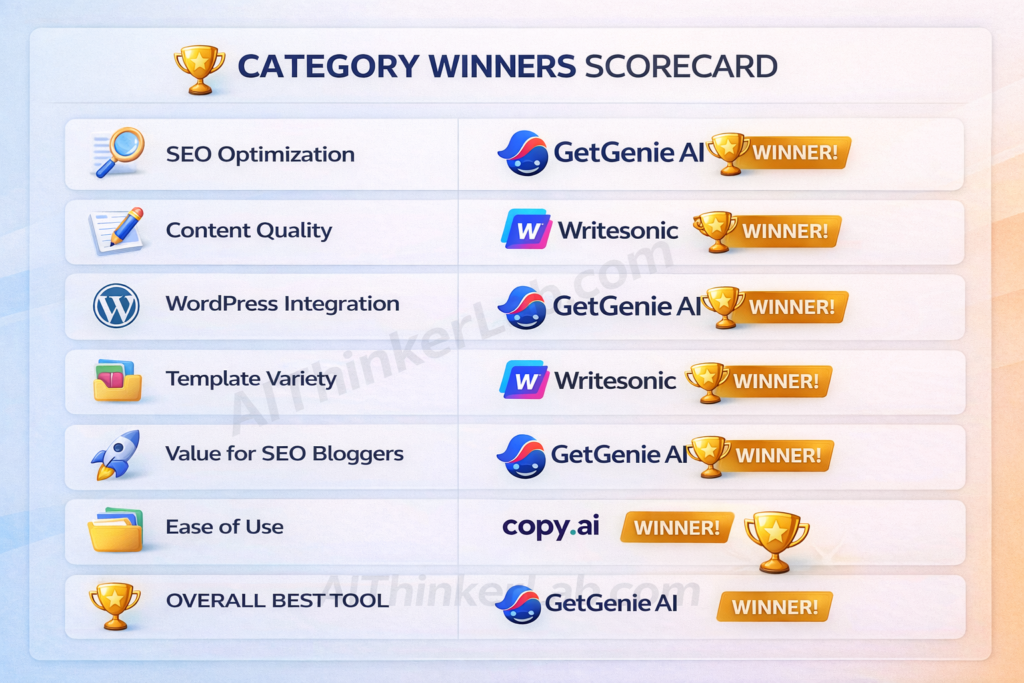Category winners scorecard for GetGenie AI vs Writesonic vs Copy.ai showing SEO optimization, content quality, WordPress integration, and pricing results