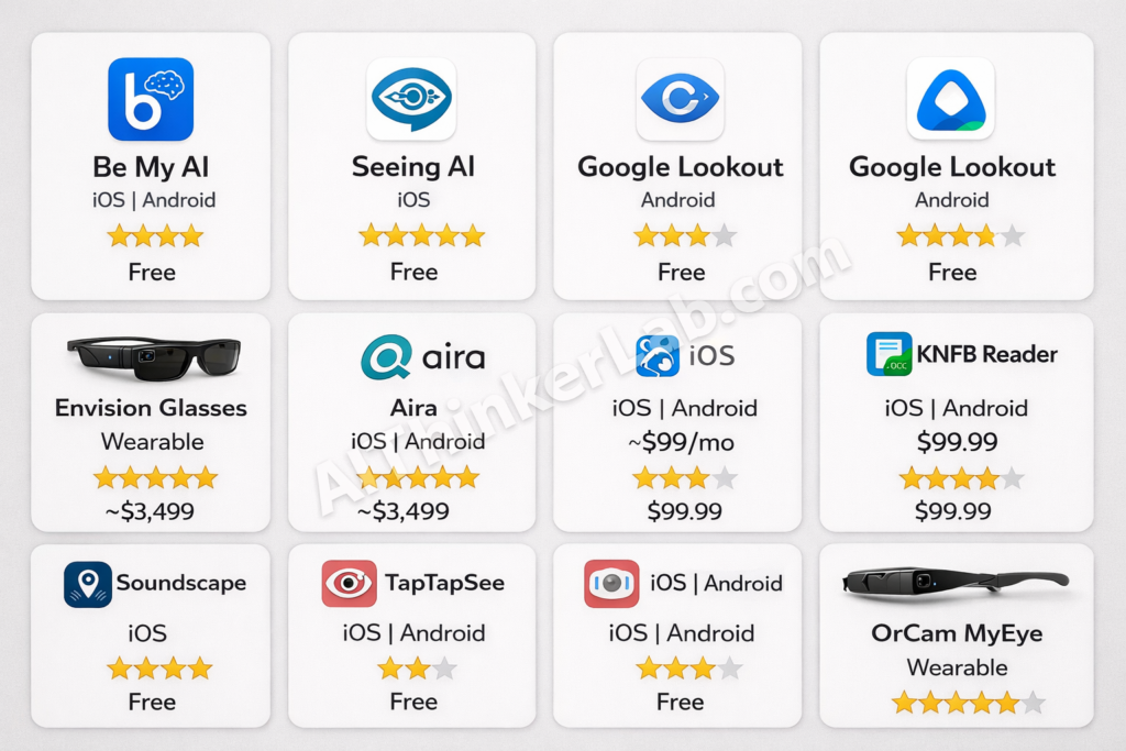 Comparison chart of 9 best AI accessibility tools for blind users in 2026 with pricing and ratings