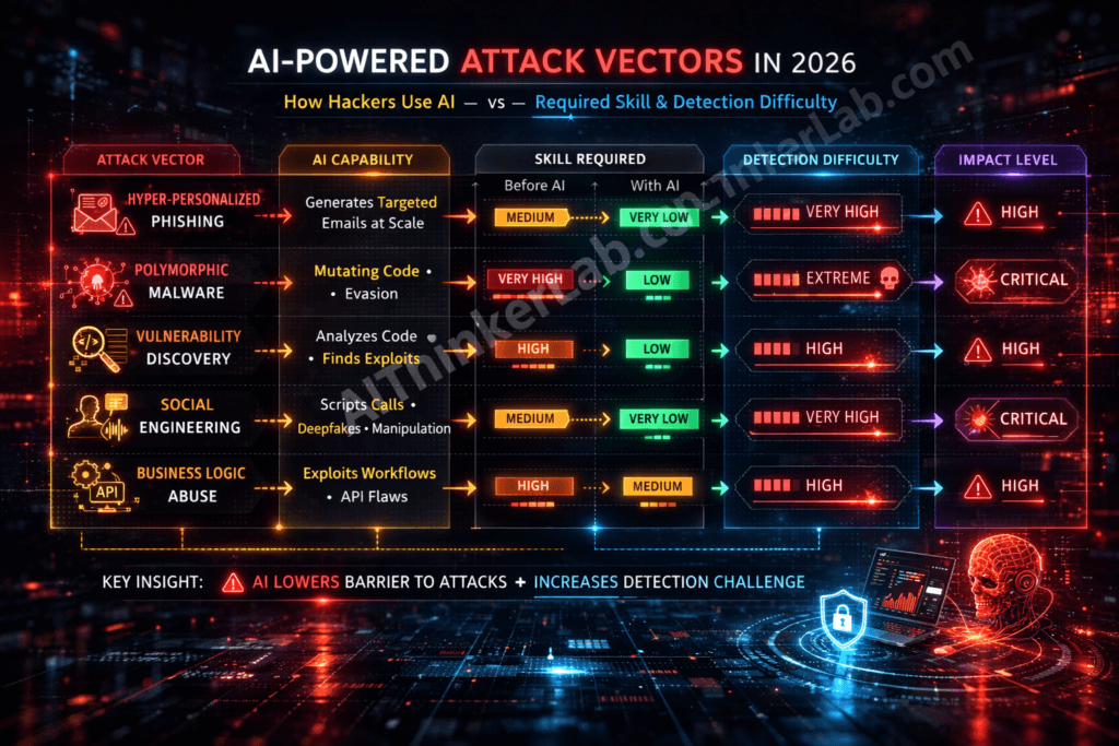 Comparison table of five AI cyberattack vectors showing difficulty and detection challenges with and without AI tools