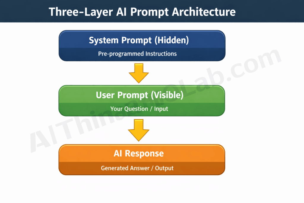 Diagram showing the three-layer AI prompt architecture: hidden system prompt, user prompt, and AI response