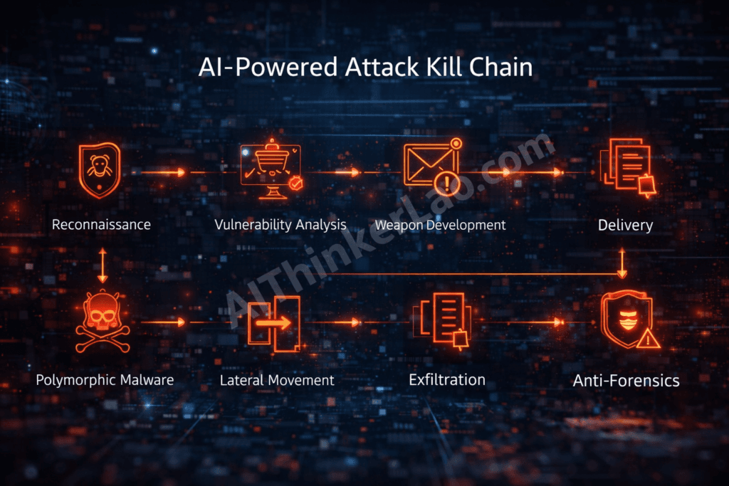 Flowchart showing eight stages of AI-powered cyberattack chain from reconnaissance to anti-forensics in 2026