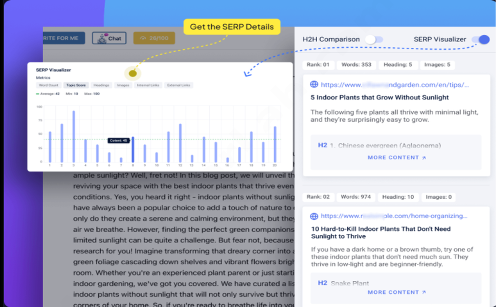 GetGenie AI SERP analysis showing competitor word counts and keyword data for target keyword