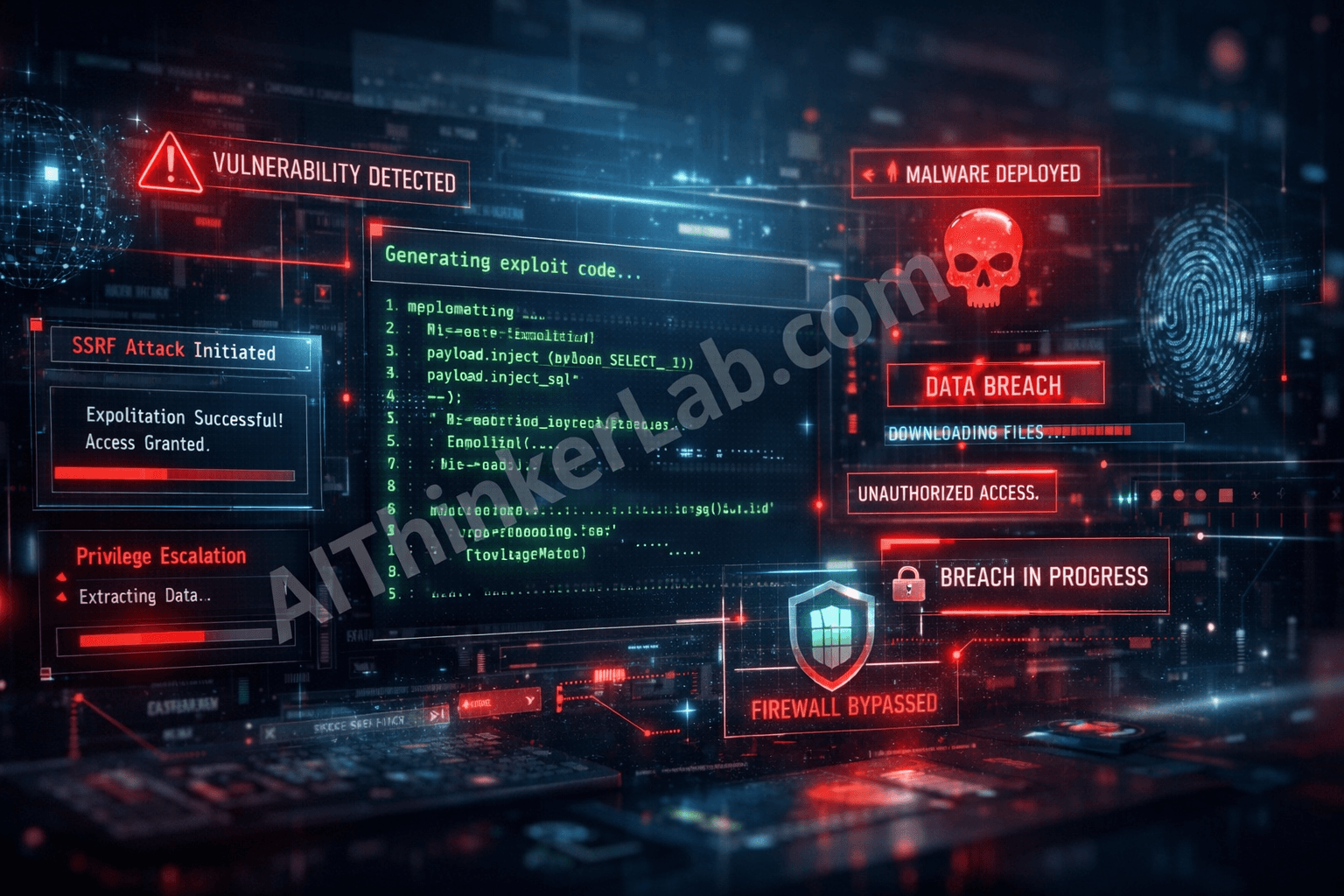Hacker using ChatGPT and Claude AI to generate cyberattack exploit code on dark terminal screen 2026
