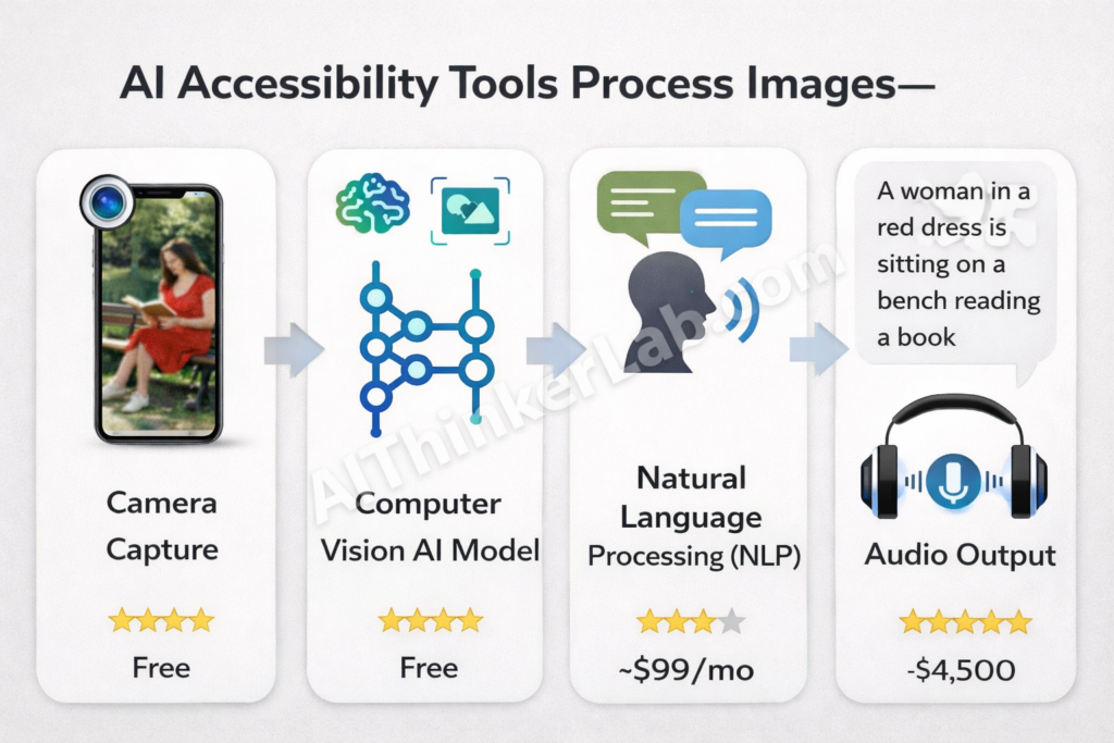 How AI accessibility tools work: camera captures image, AI processes it, NLP generates description, audio delivers to user