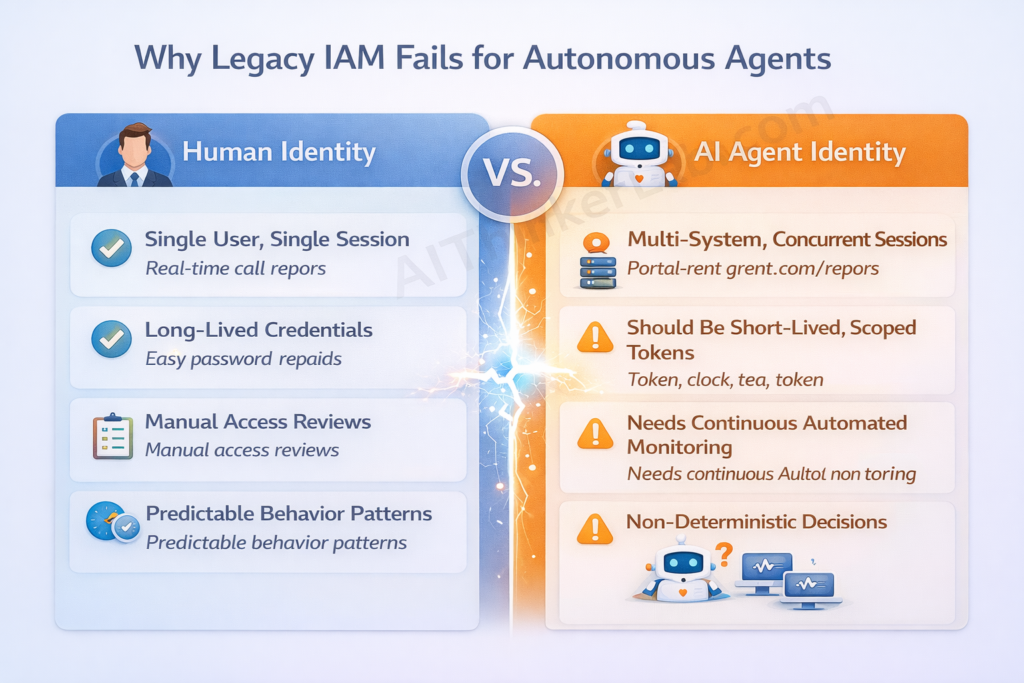 Side-by-side comparison of human identity versus AI agent identity attributes showing why legacy IAM fails for autonomous agents