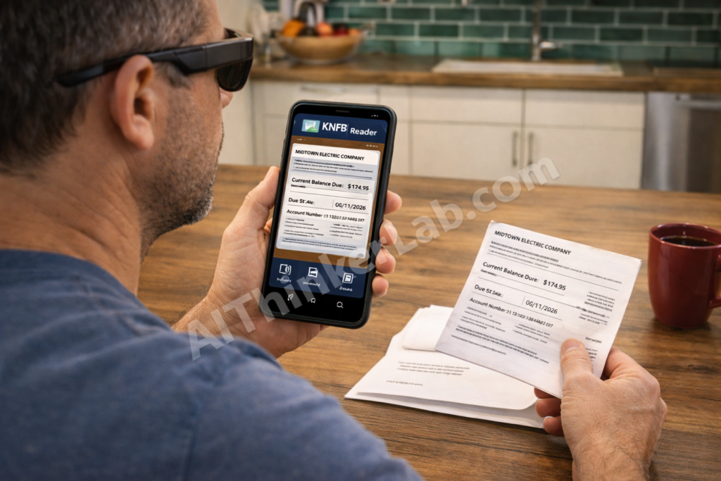 Blind person reading mail independently using KNFB Reader AI document scanning app