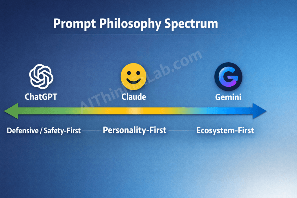 Prompt Philosophy Spectrum showing ChatGPT as safety-first, Claude as personality-first, and Gemini as ecosystem-first