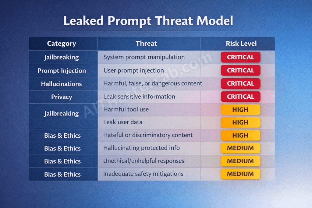 Security threat model mapping leaked AI system prompt components to corresponding attack vectors and risk levels