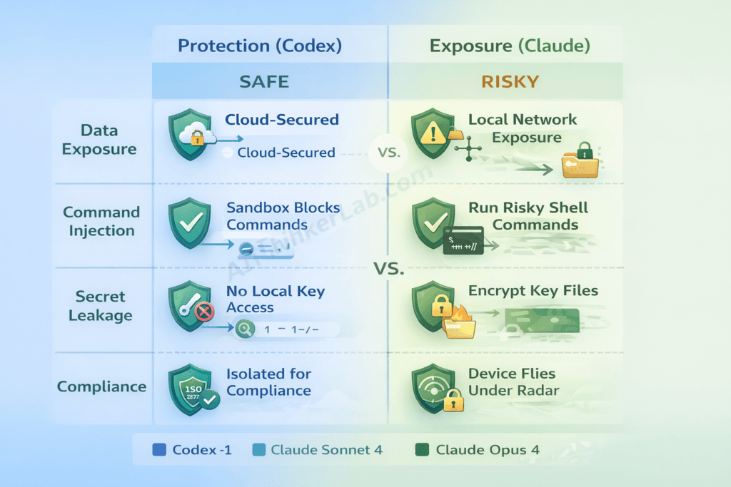 Security trade-off matrix comparing risk profiles of cloud-based vs local AI coding agents