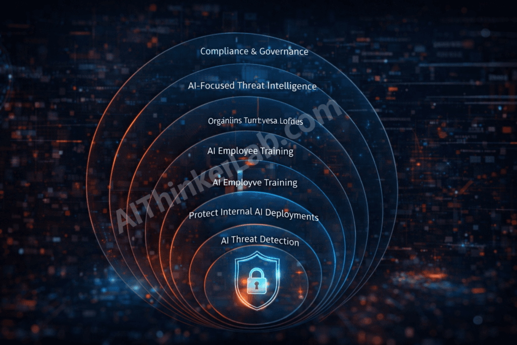Seven-layer AI cybersecurity defense framework diagram including zero trust AI detection and employee training