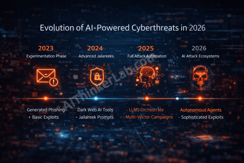Timeline infographic showing evolution of AI cyberattacks from 2023 ChatGPT phishing to 2026 autonomous attack agents