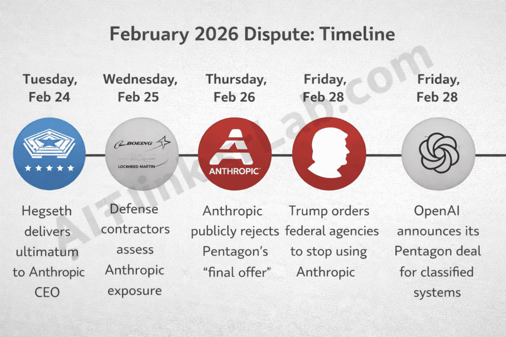 Timeline of Anthropic Pentagon dispute February 2026 from ultimatum to supply chain risk designation