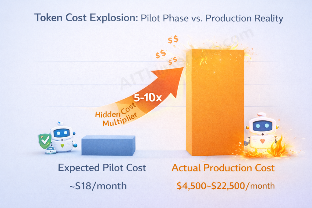Bar chart comparing AI agent token costs in pilot phase versus production reality showing 5-10x hidden cost multiplier