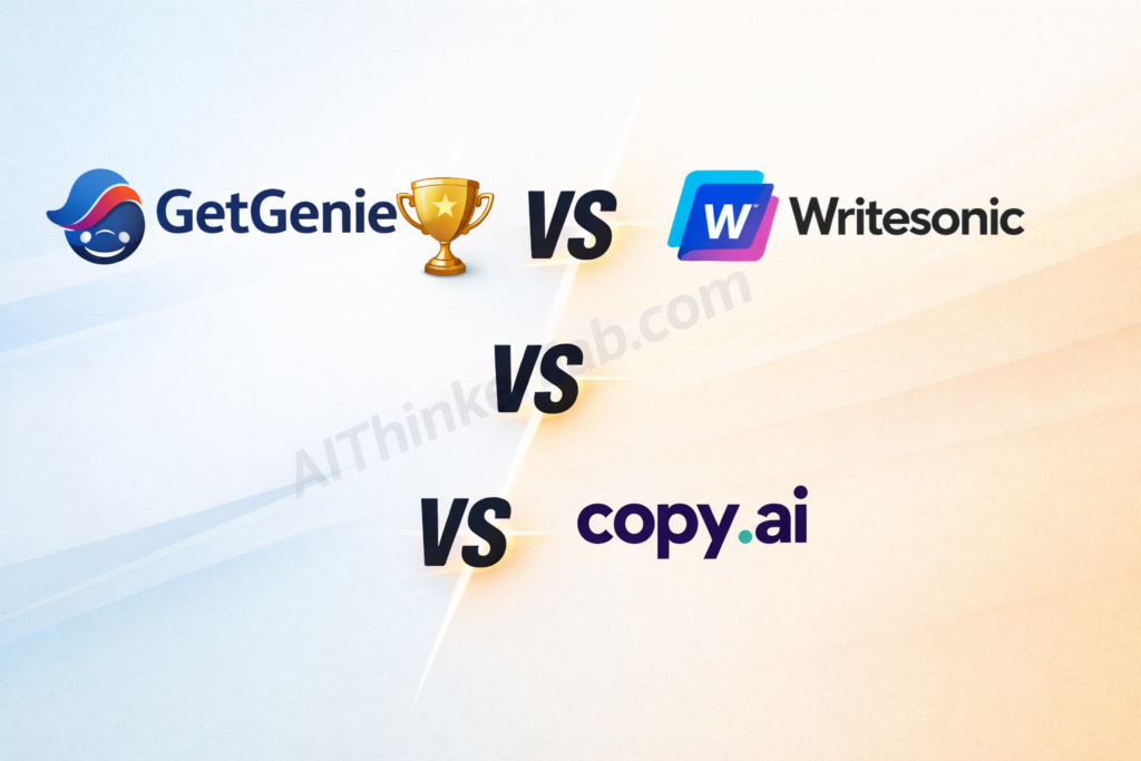 GetGenie AI vs Writesonic vs Copy.ai comparison graphic showing the best AI writer for SEO content in 2026