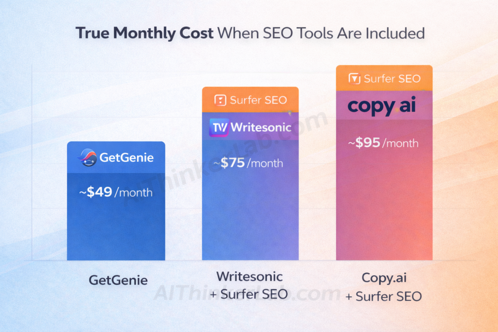 True cost comparison chart for SEO bloggers: GetGenie AI at $49/month vs Writesonic plus Surfer SEO at $75/month vs Copy.ai plus Surfer SEO at $95/month