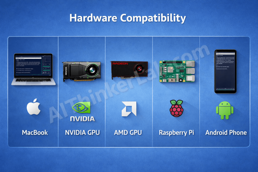 llama.cpp 100K GitHub Stars hardware compatibility showing Apple Metal NVIDIA CUDA AMD ROCm Raspberry Pi and Android support