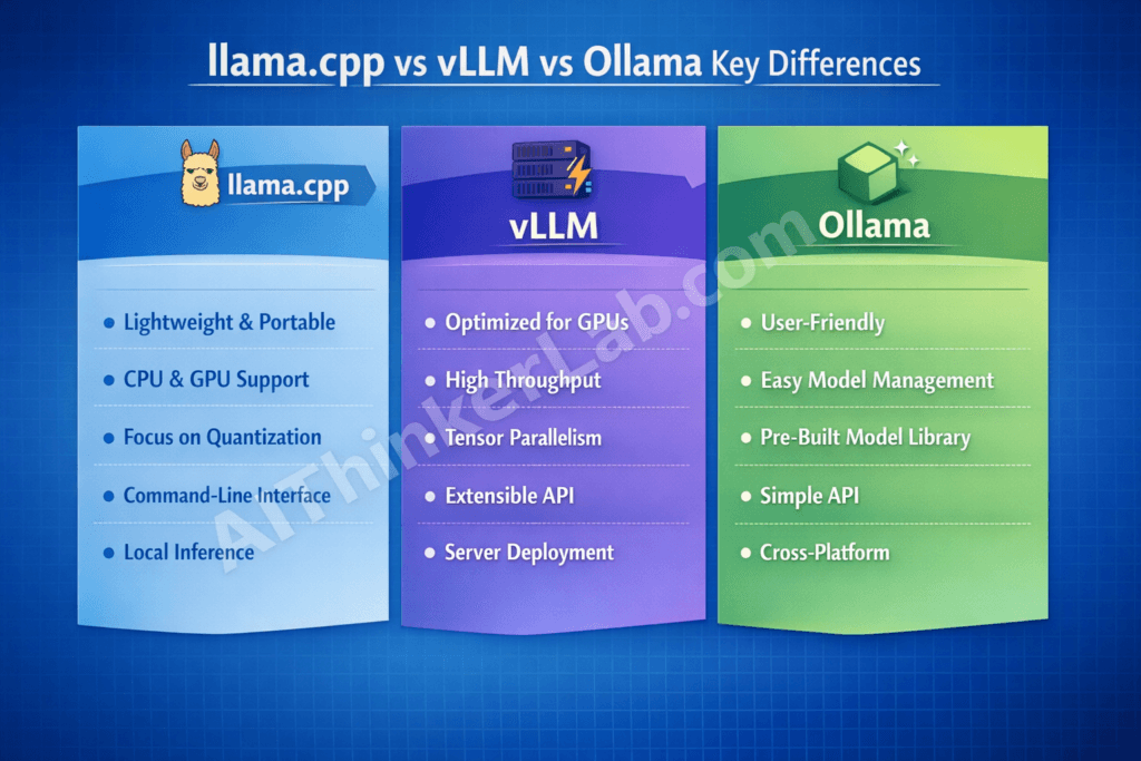 llama.cpp vs vLLM vs Ollama 2026 comparison infographic showing GPU support quantization formats and benchmark performance
