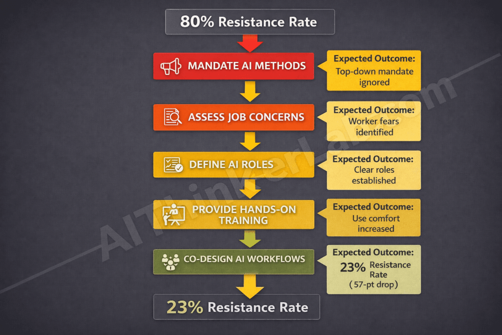 5-step participatory AI integration protocol flowchart showing how organizations can reduce employee AI rebellion from 80% to 23%