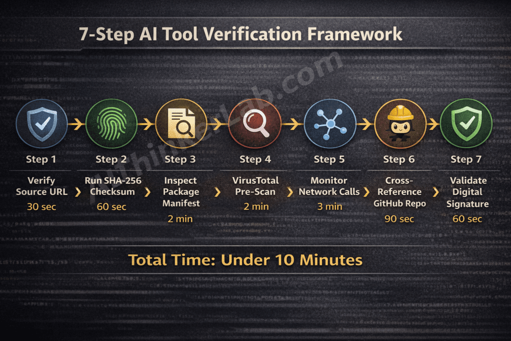 7-step framework to verify Claude Code downloads before installation — process diagram with time estimates per step