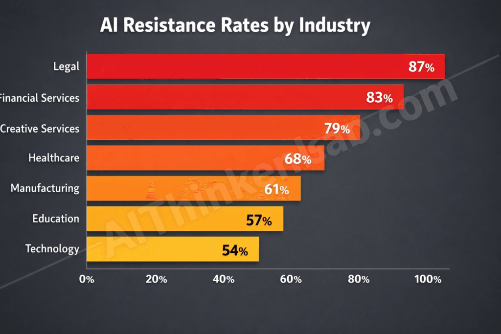 Bar chart showing white-collar AI resistance rates by industry in 2026, with legal sector at 87% leading all categories