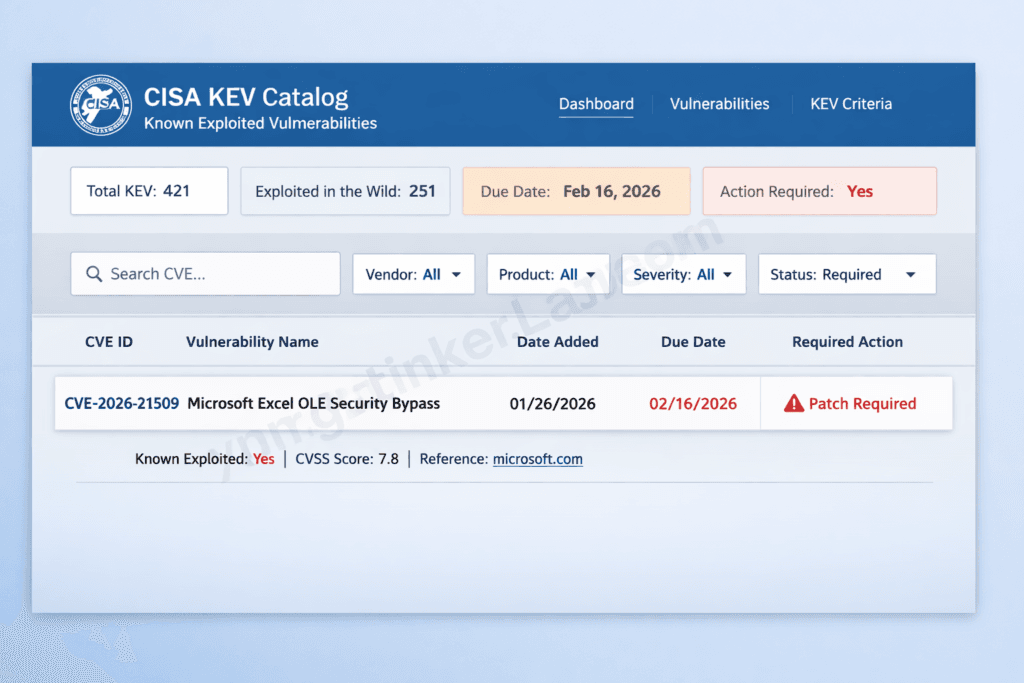 CISA Known Exploited Vulnerabilities catalog CVE-2026-21509 Excel zero-day entry