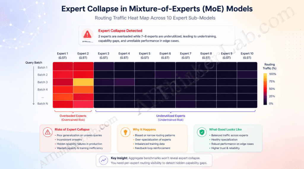 Expert collapse failure mode in MoE architecture — routing imbalance heat map