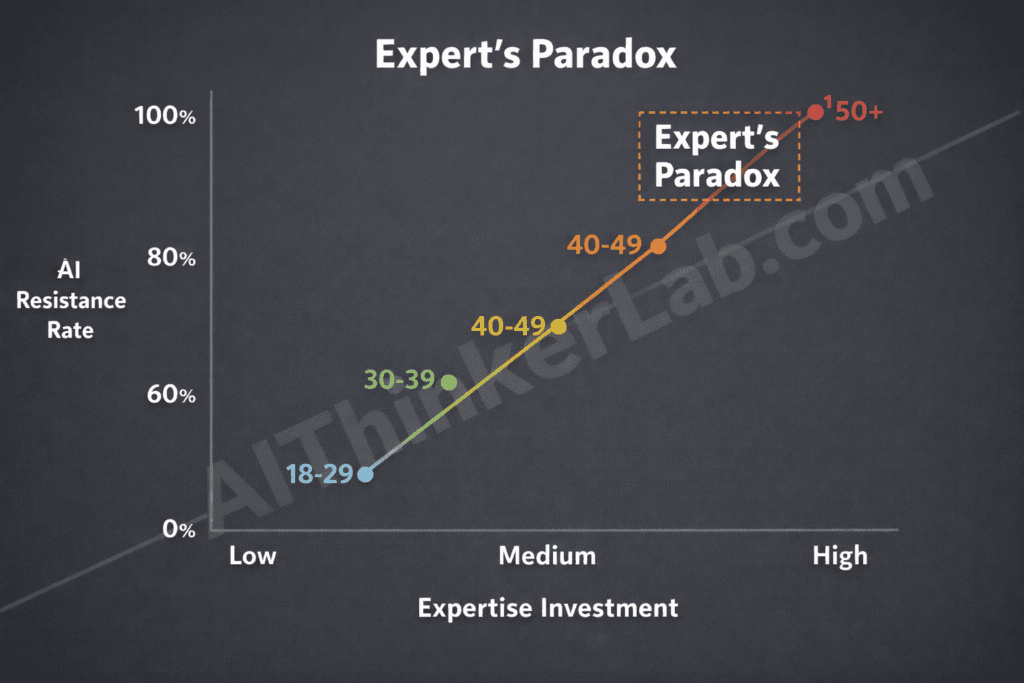 Diagram illustrating the Expert's Paradox — the positive correlation between professional expertise investment and AI resistance rates among white-collar workers in 2026