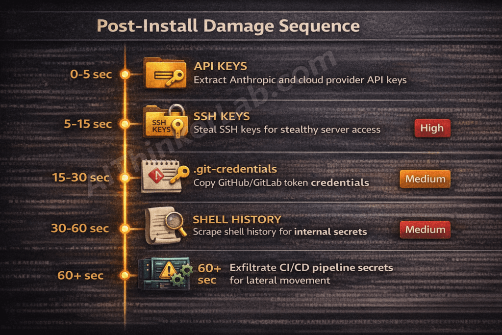 Malicious Claude Code install damage cascade timeline — credential exfiltration sequence from 0 to 60 seconds post-install