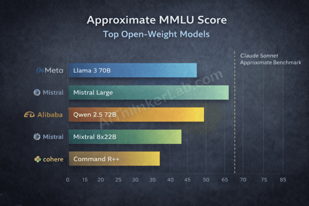 Open-source Claude alternatives benchmark comparison — Llama 3.3 vs Mistral vs Qwen vs DeepSeek MMLU scores 2026
