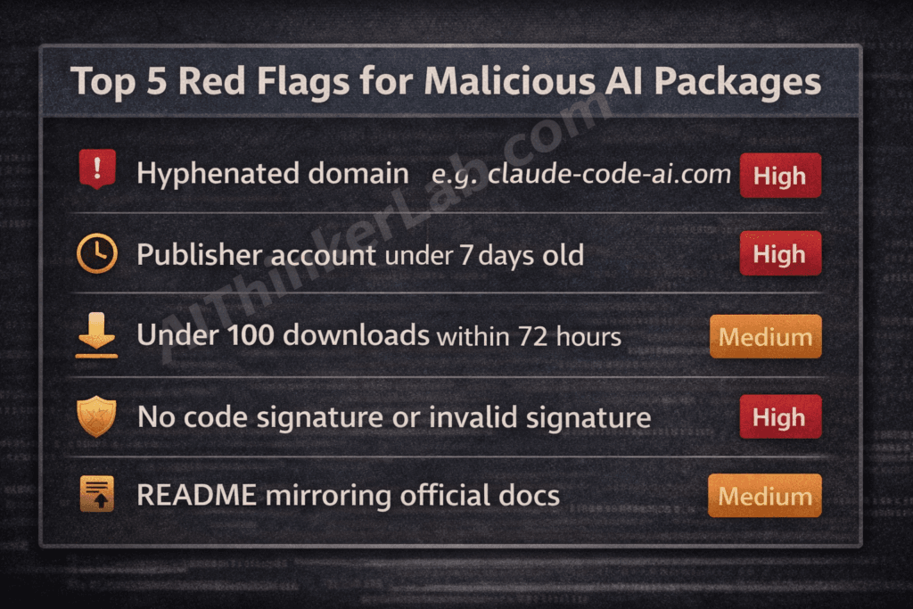 Red flags to identify a fake Claude Code package — reference card for developer security teams