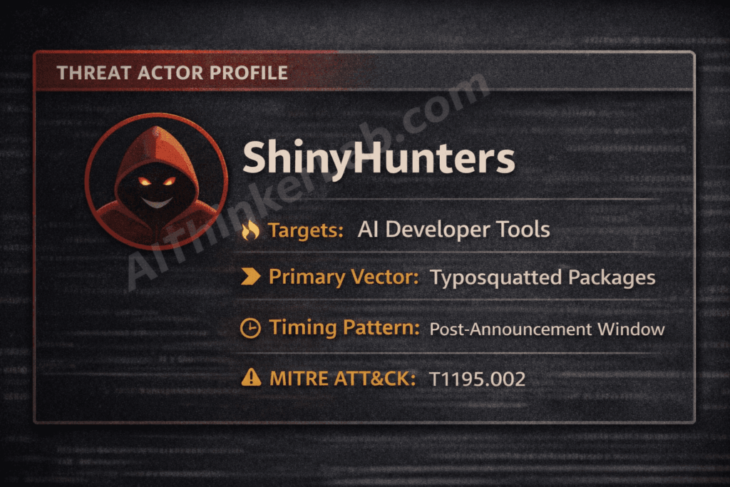 ShinyHunters threat actor profile card — MITRE ATT&CK T1195.002 AI tool supply chain attack tactics