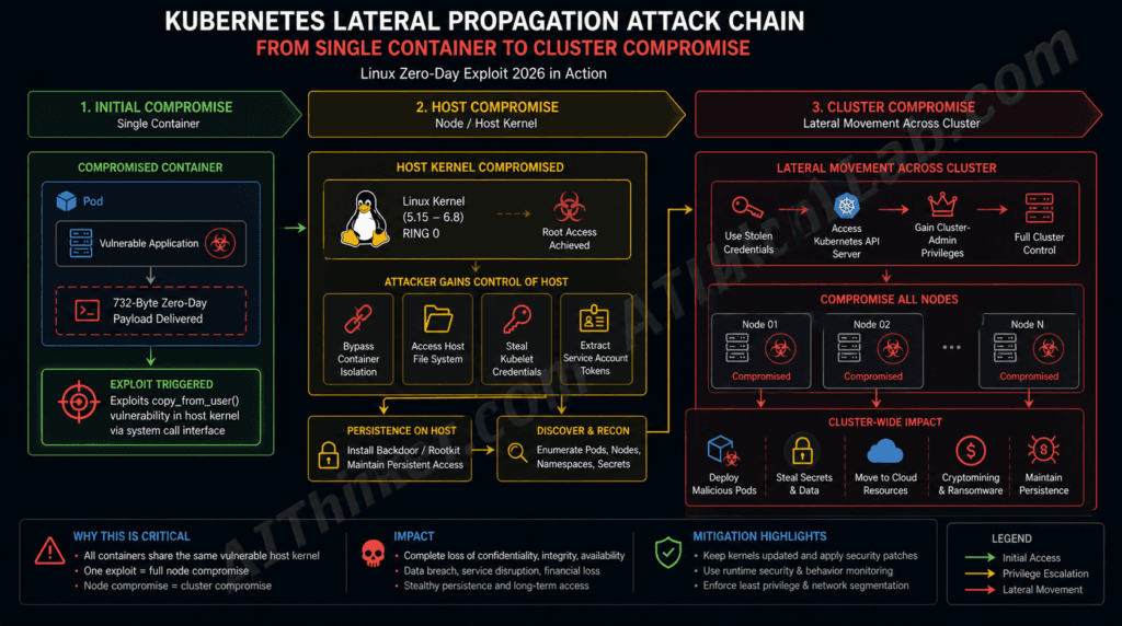 Kubernetes cluster lateral movement attack chain diagram for the 732-byte Linux kernel exploit
