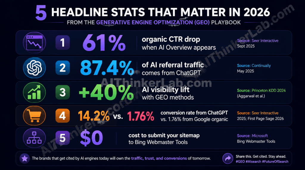 Generative Engine Optimization 2026 statistics — 61% organic CTR drop, 87.4% AI traffic from ChatGPT, 40% citation lift from GEO methods (Princeton KDD 2024).
